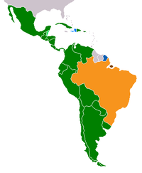 Romance languages in Latin America: Green-Spanish; Orange-Portuguese; Blue-French